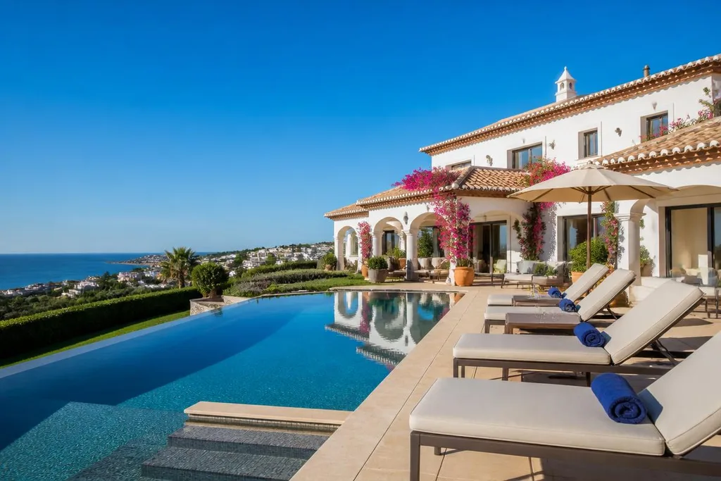 Villa avec piscine surplombant la mer au coucher du soleil en Algarve