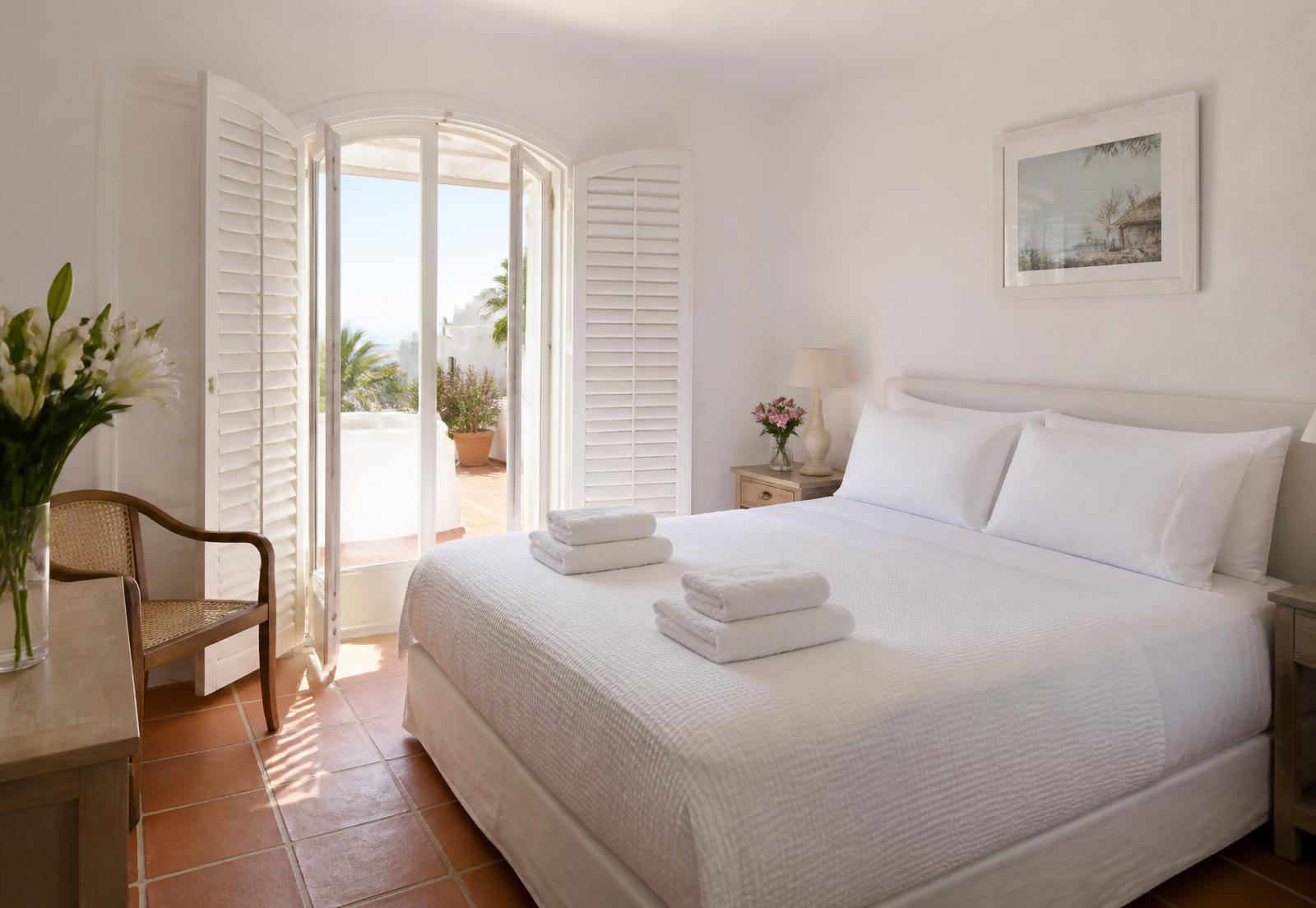 Bedroom of an Algarve villa prepared with fresh linen before guests arrive